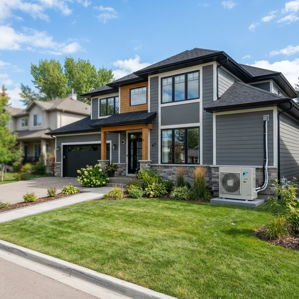 A modern Canadian home with a high-efficiency air-source heat pump installed outside
