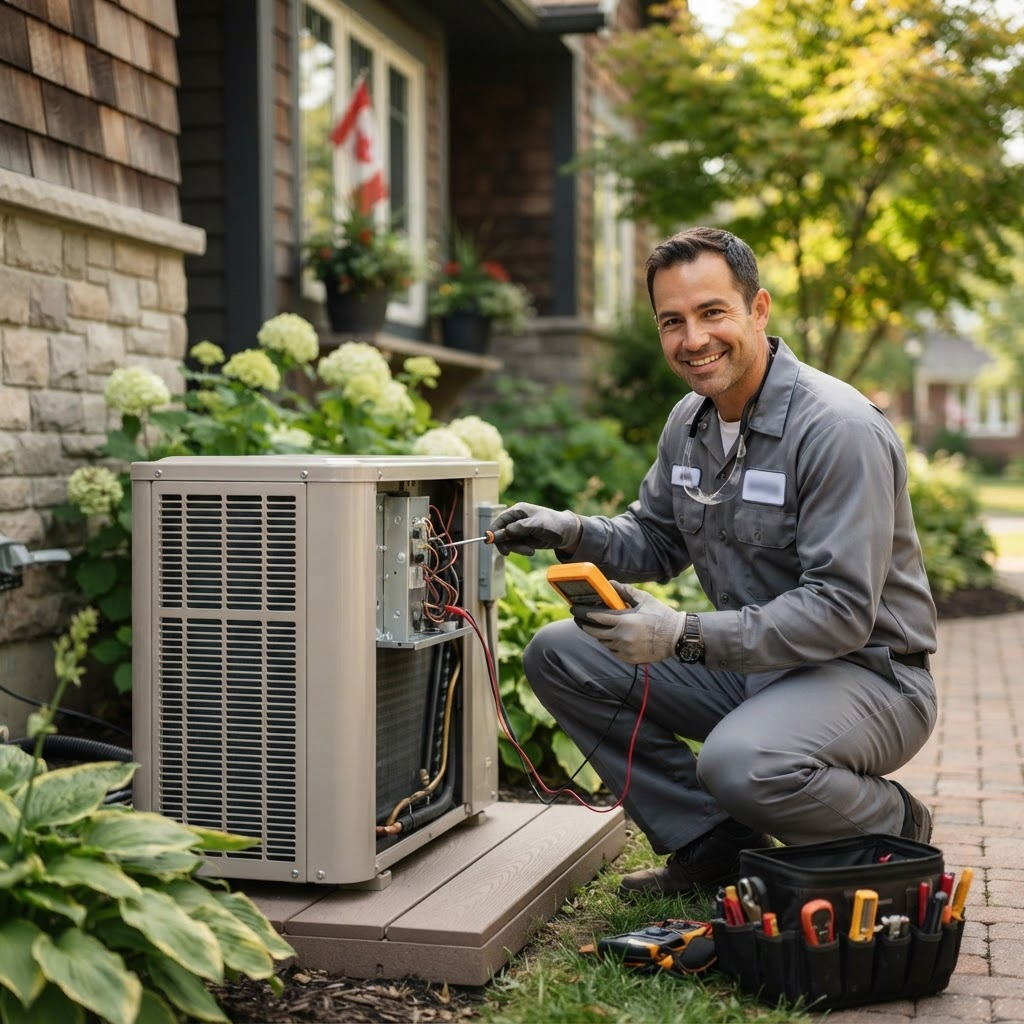 A licensed HVAC technician servicing a heat pump outside a Canadian home